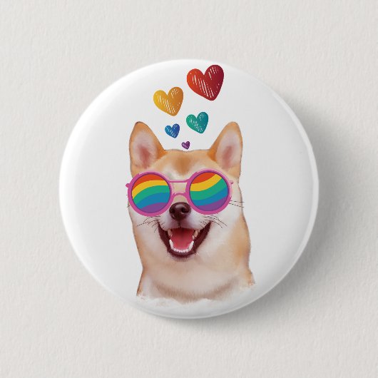 Badge Rond 5 Cm Shiba Inu Chien avec Coeurs Saint Valentin (Devant)