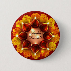 Badge Rond 5 Cm Shubh Diwali Diyas et Marigolds