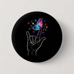 Badge Rond 5 Cm Signe de la main Je t'aime Papillon Autisme Awa