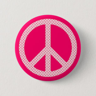 Badge Rond 5 Cm Signe de Paix à pois roses