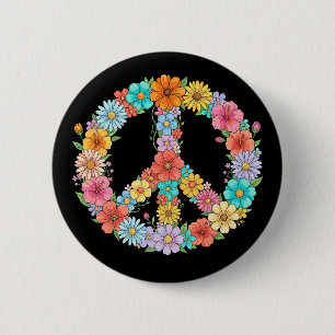 Badge Rond 5 Cm Signe de paix floral coloré Hippie Fleur Rétro
