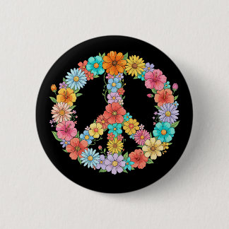 Badge Rond 5 Cm Signe de paix floral coloré Hippie Fleur Rétro