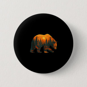Badge Rond 5 Cm Silhouette d'ours avec paysage forestier et couche