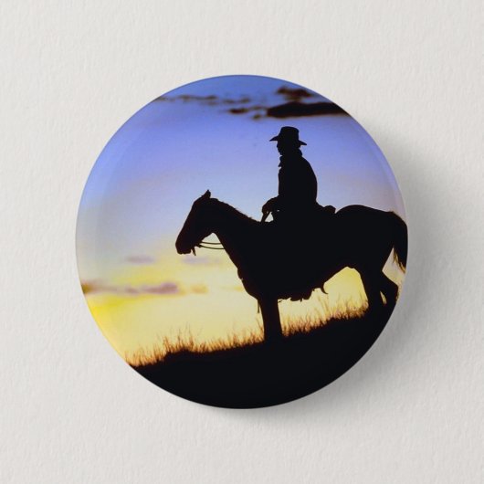 Badge Rond 5 Cm Silhouette du coucher de soleil de cowboy occident (Devant)