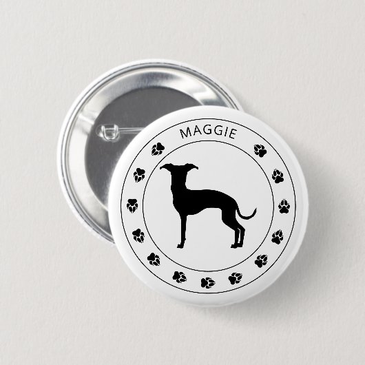 Badge Rond 5 Cm Silhouette Italienne Greyhound Avec Patrouilles Et (Devant & derrière)
