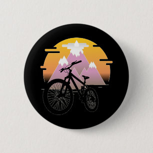 Badge Rond 5 Cm Silueta Mountain Bike con Sol y Montaña