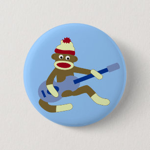 Badge Rond 5 Cm Singe de chaussette jouant la guitare bleue