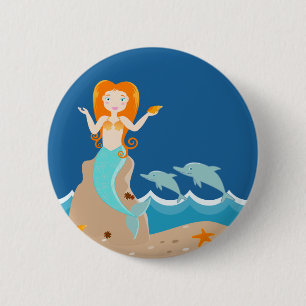 Badge Rond 5 Cm Sirène et dauphins sous la mer