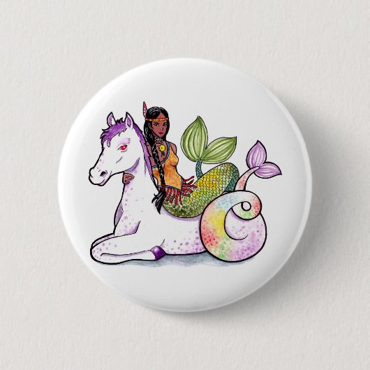 Badge Rond 5 Cm Sirène et merhorse indiens (Devant)