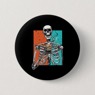 Badge Rond 5 Cm Skeleton Boire Café Amusant Halloween Crâne d'Hall