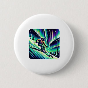 Badge Rond 5 Cm Ski d'aventure sous les aurores boréales