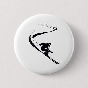Badge Rond 5 Cm Skieur de descente skiant montagne enneigée sports