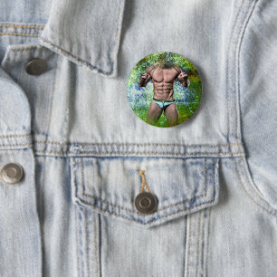 Badge Rond 5 Cm SlipperyJoe's homme adulte très musclé torse nu 