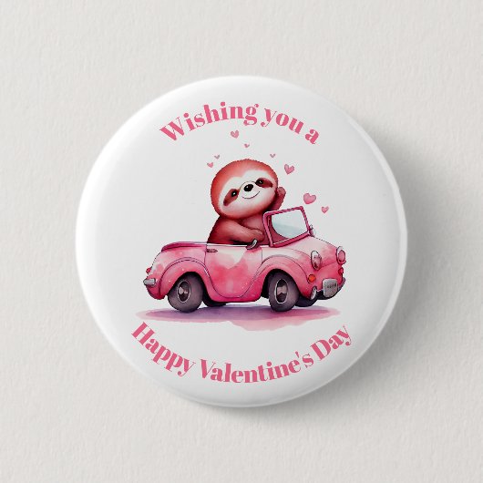 Badge Rond 5 Cm Sloth Driving a Pink Convertible Valentine's Day (Devant)