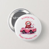 Badge Rond 5 Cm Sloth Driving a Pink Convertible Valentine's Day (Devant & derrière)
