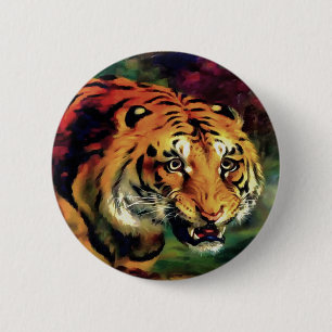 Badge Rond 5 Cm Snarling Tiger Portrait Artistique
