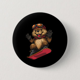 Badge Rond 5 Cm Snowboard Animaux - Castor Sur Snowboard Snowbo