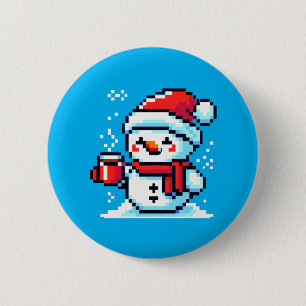 Badge Rond 5 Cm Snowman Pixelé avec café - Winter Holiday Art