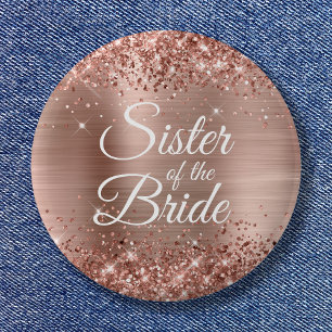 Badge Rond 5 Cm Sœur de la mariée pailletée feuille d'or rose