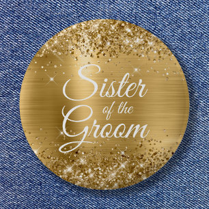Badge Rond 5 Cm Sœur du Marié Pailleté Feuille d'Or