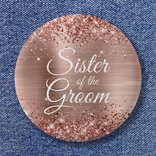 Badge Rond 5 Cm Sœur du marié pailleté feuille d'or rose