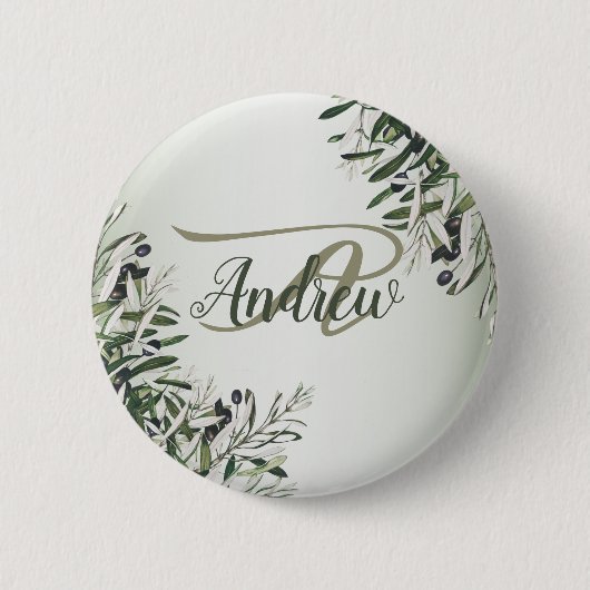 Badge Rond 5 Cm Soirée de mariage Vert Feuilles Noir Olive Élégant (Devant)