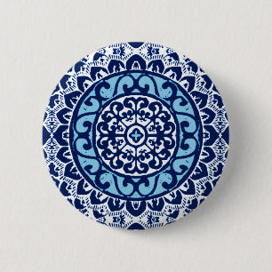 Badge Rond 5 Cm Soleil Sud-Ouest Mandala Batik, bleu marine et bla