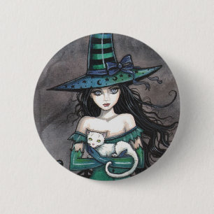 Badge Rond 5 Cm Sorcière avec bouton à revers de chat blanc
