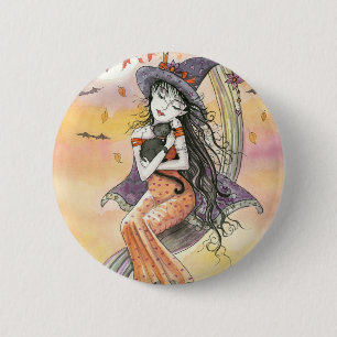 Badge Rond 5 Cm Sorcière d'Halloween Chat Noir Bouton Épinglette