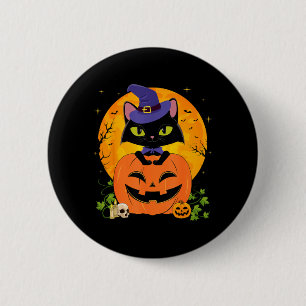 Badge Rond 5 Cm Sorcière d'Halloween Chat Noir et Citrouille Fille