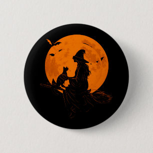Badge Rond 5 Cm Sorcière et chat mignon, chaton noir pour Hallowee