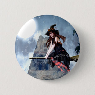 Badge Rond 5 Cm Sorcière sur un balai (bouton)