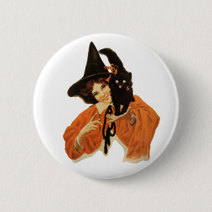 Badge Rond 5 Cm Sorcière Vintage Belle avec Chat Noir sur l'Épaule