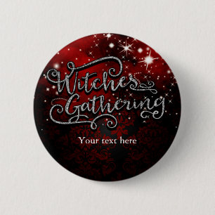 Badge Rond 5 Cm Sorcières rassemblées damassé rouge et noir Hallow