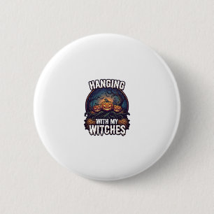 Badge Rond 5 Cm Sorcières Suspendues Citrouilles Halloween Forêt E