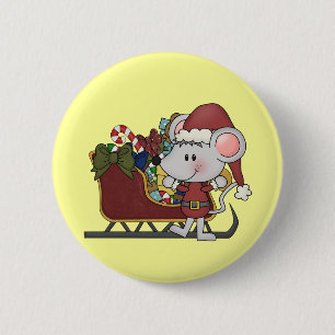 Badge Rond 5 Cm Souris de Père Noël avec le traîneau