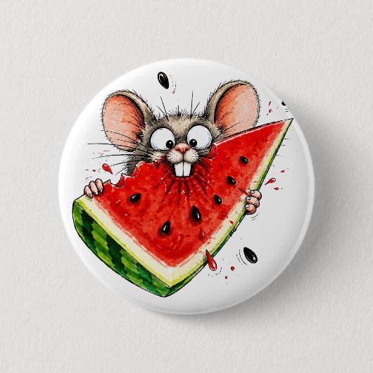 Badge Rond 5 Cm Souris joyeuse mange pastèque (Devant)