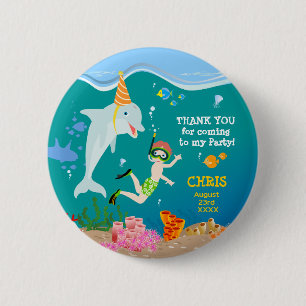Badge Rond 5 Cm Sous la mer dauphins et fête d'anniversaire garçon