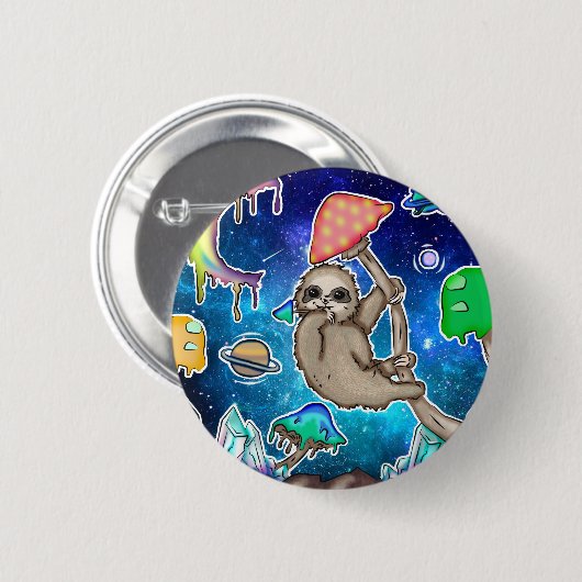 Badge Rond 5 Cm Space Galaxy Sloth Cosmic Champignons Bizarre Crys (Devant & derrière)