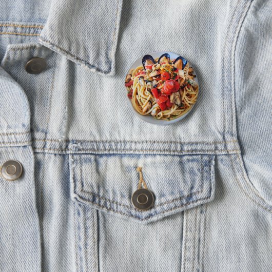 Badge Rond 5 Cm Spaghetti avec moules et tomates cerises (En situation)