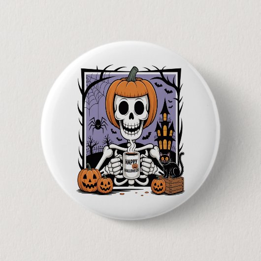 Badge Rond 5 Cm Squelette citrouille Boire Café (Devant)