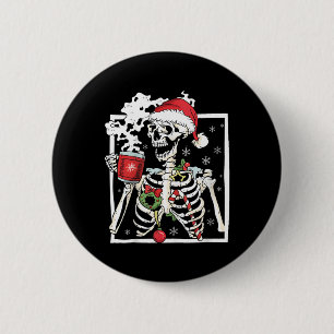 Badge Rond 5 Cm Squelette de Noël avec crâne souriant buvant du ca