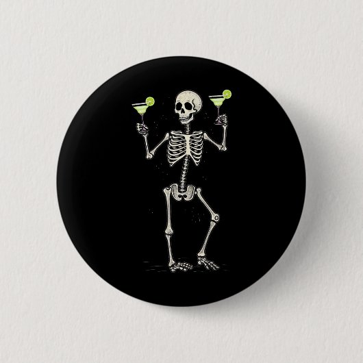 Badge Rond 5 Cm Squelette d'Halloween buvant une queue de Margarit (Devant)