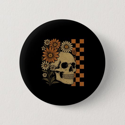 Badge Rond 5 Cm Squelette floral rétro Drôle crâne Halloween (Devant)