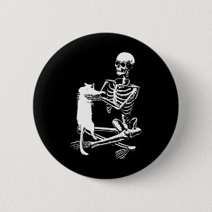Badge Rond 5 Cm Squelette tenant un chat Lazy Costume d'Halloween