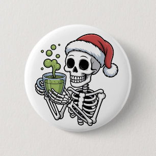 Badge Rond 5 Cm Squelette tenant une boisson Matcha portant un cha