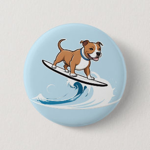 Badge Rond 5 Cm Staffordshire Bull Terrier Surfant Les Vagues,