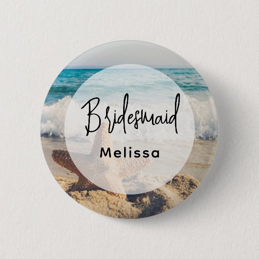 Badge Rond 5 Cm Starfish sur une plage de sable Photo Bridesmaid (Devant)