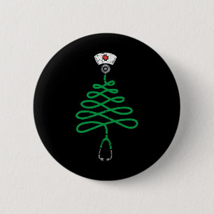 Badge Rond 5 Cm Stethoscope Arbre de Noël Infirmière Scrub de Noël
