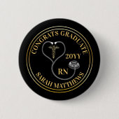 Badge Rond 5 Cm Stethoscope Caduceus RN Congrats Diplômés - Noir (Devant)
